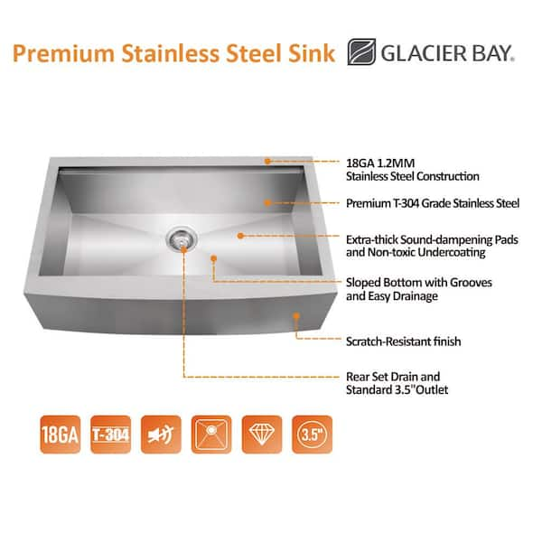 Glacier Bay Zero Radius Farmhouse/Apron-Front 16g Stainless Steel 36 in. Single Bowl Workstation Kitchen Sink with Accessories, Silver