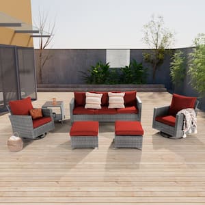 6-Piece Gray Wicker Outdoor Seating Sofa Set with Swivel Rocking Chairs, Rust Red Cushion