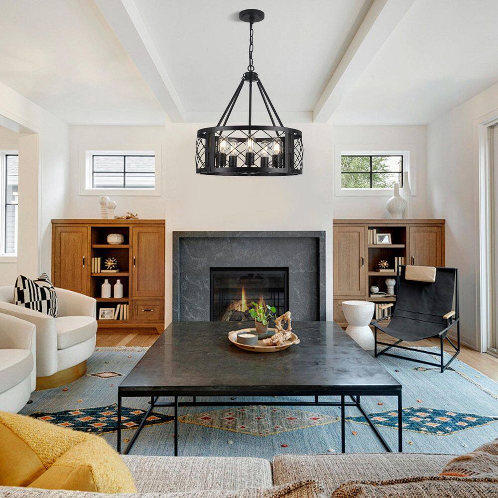 5 Light Modern Farmhouse Black Metal Drum Chandelier for Dining Room Kitchen Island Foyer Drum Hanging Light Fixture price history on PriceWatchPro