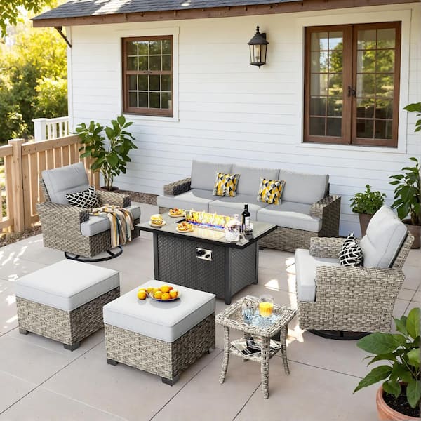 HOOOWOOO Kelleys 9-Piece Wicker Modern Outdoor Patio Conversation Sofa Set with a Fire Pit, Swivel Chairs and Light Grey Cushions