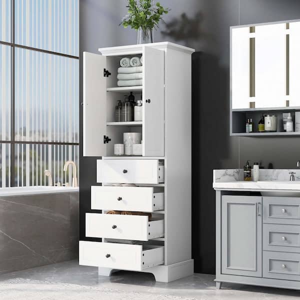 23.6 in. W x 15.7 in. D x 68.1 in. H White MDF Freestanding Linen Cabinet with 2 Doors, 4 Drawers and Adjustable Shelf