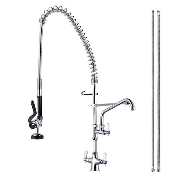 39.3 in. H Commercial Deck Mount Triple Handle Pull Down Sprayer Kitchen Faucet w/360° Spout Swivel in Polished Chrome