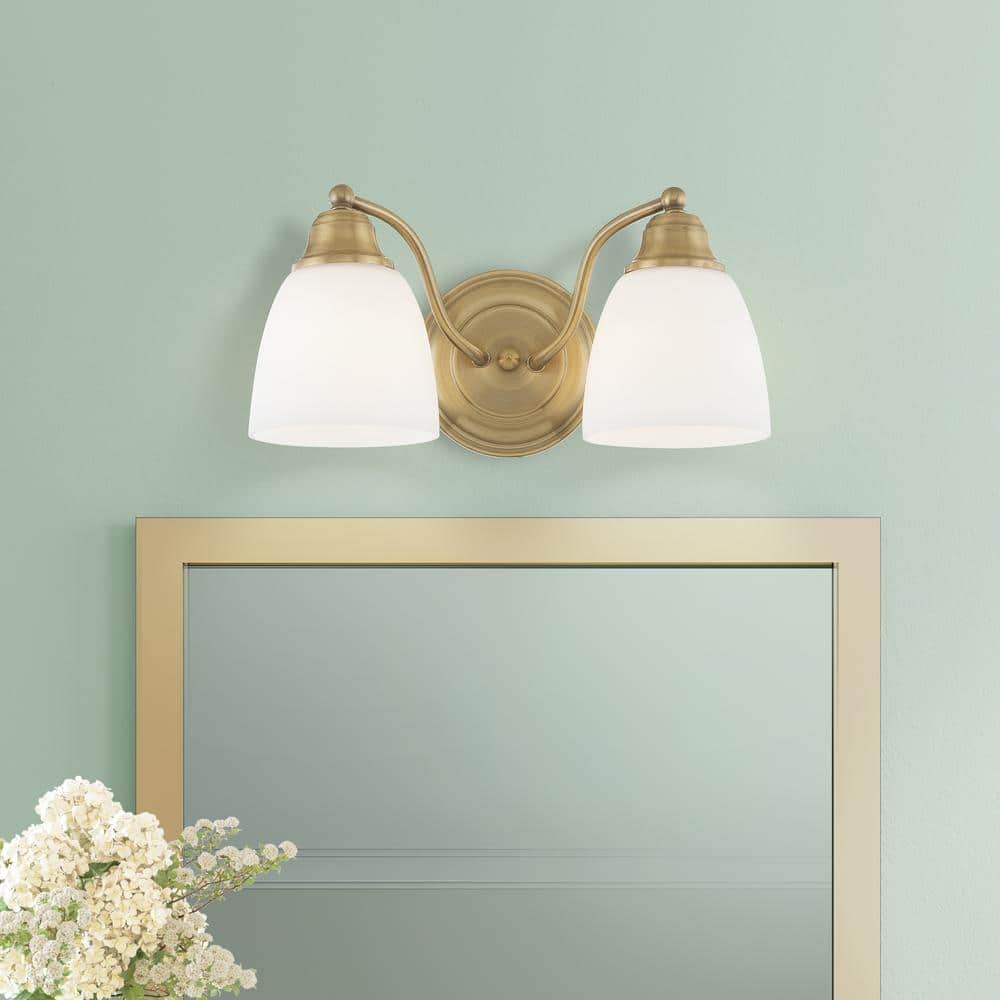 Somerville Antique Brass 2-Light Vanity with Satin Opal White Glass