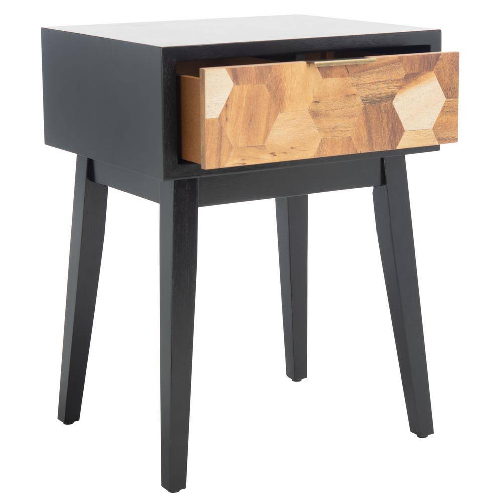 Round Black and Natural Wood Metal Accent Table with Storage