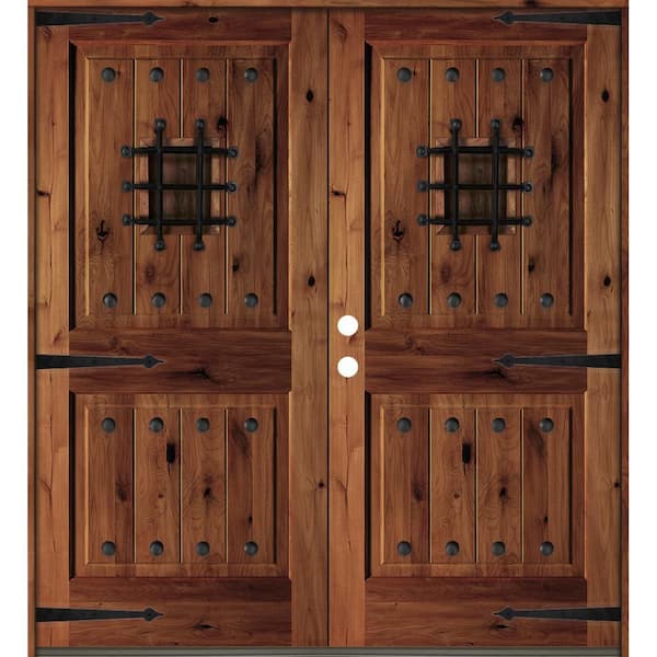 Krosswood Doors 72 in. x 80 in. Mediterranean Knotty Alder Square Top with Red Chestnut Stain Right-Hand Wood Double Prehung Front Door