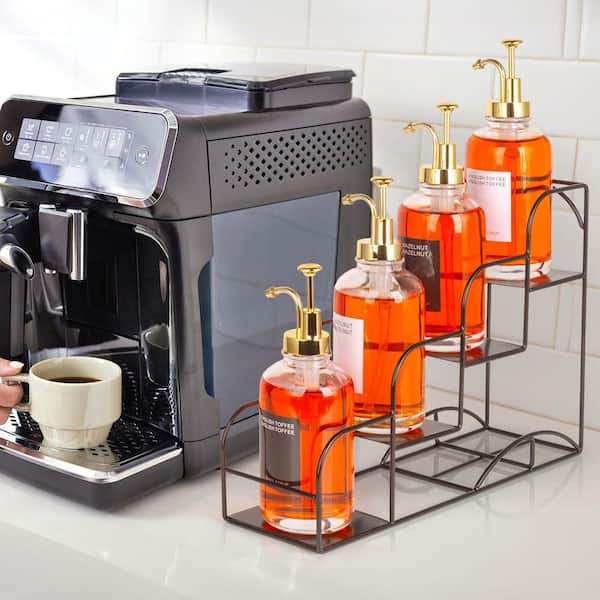 Black Metal Tiered Condiment Rack, Syrup Rack for Coffee Bar Accessories, Countertop Display Storage Shelf Bottle Stand