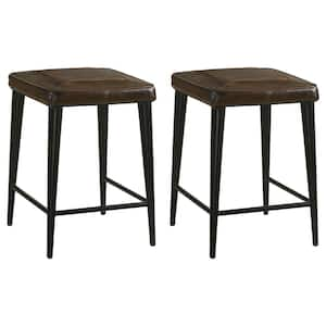 Alvaro 24 in. H Antique Brown and Black Backless Metal Counter Height Stool with Leather Seat (Set of 2)