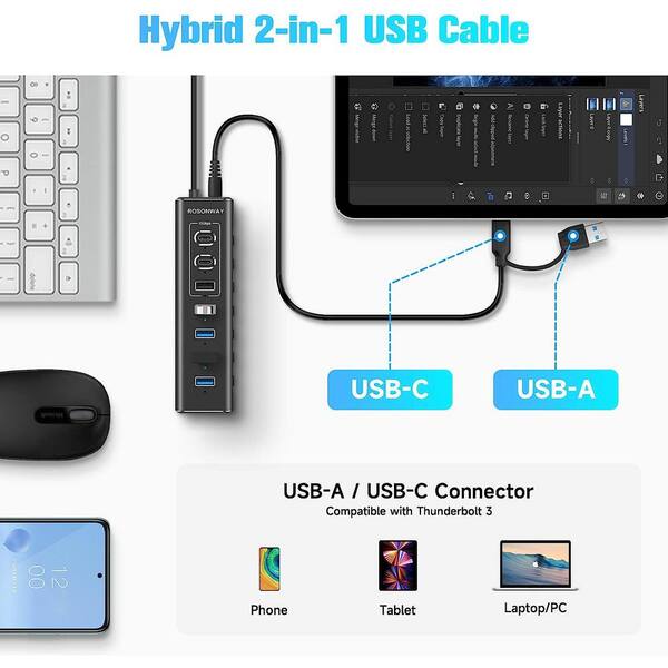 4-Port Self-Powered USB-C Hub with Individual On/Off Switches, USB 3.0  5Gbps Expansion Hub w/Power Supply, Desktop/Laptop USB-C to USB-A Hub, USB  Type