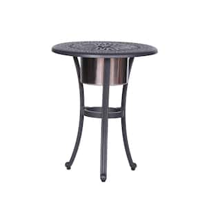 Patterned Design Round Cast Aluminum Outdoor Bistro Table with Ice Bucket Made of Premium Stainless Steel in Gunmetal
