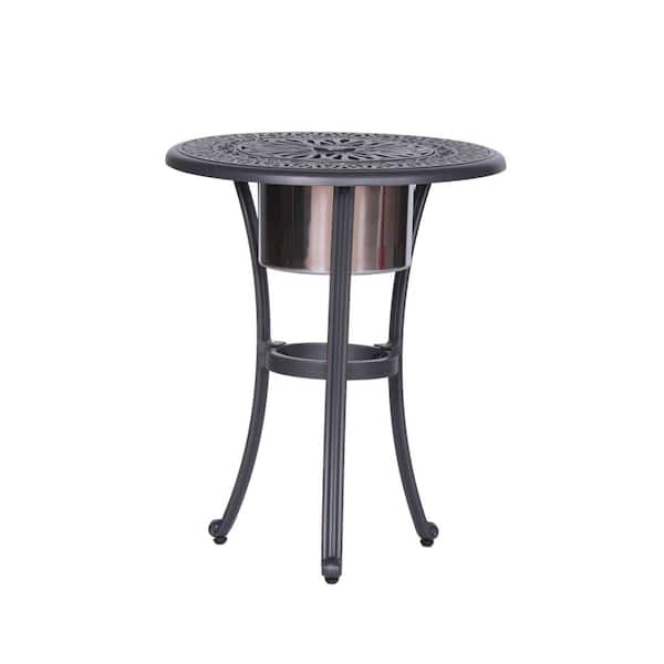 Misopily Patterned Design Round Cast Aluminum Outdoor Bistro Table with Ice Bucket Made of Premium Stainless Steel in Gunmetal