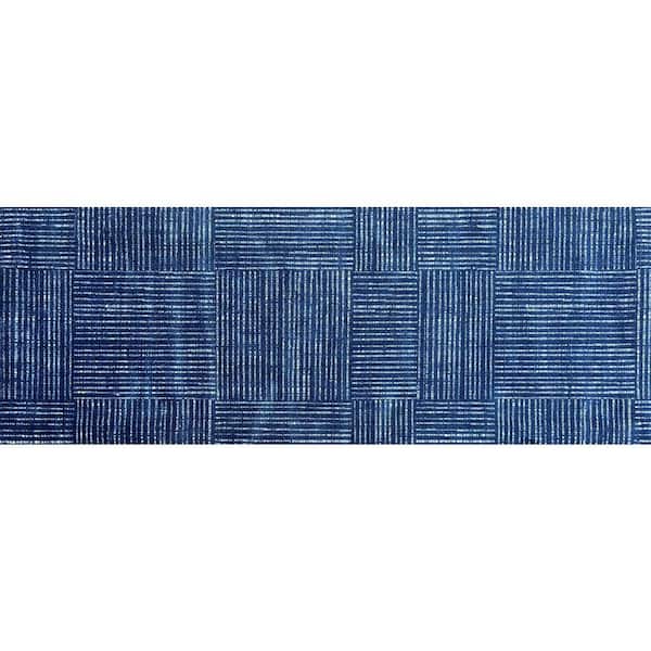 Canvas 2.29 ft x 6.25 ft Navy Blue Basket Weave Pattern Runner Rug