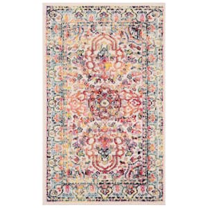 Madison Ivory/Red Doormat 3 ft. x 5 ft. Geometric Border Floral Medallion Area Rug