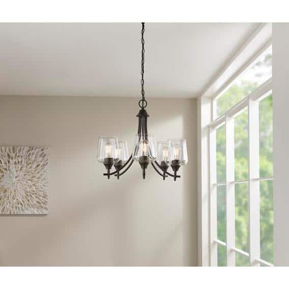 Hampton Bay Pavlen 5-Light 23 in. Rustic Bronze Hanging Candlestick Chandelier with Clear Glass Shades for Dining Room