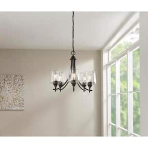 Pavlen 5-Light 23 in. Rustic Bronze Hanging Candlestick Chandelier with Clear Glass Shades for Dining Room