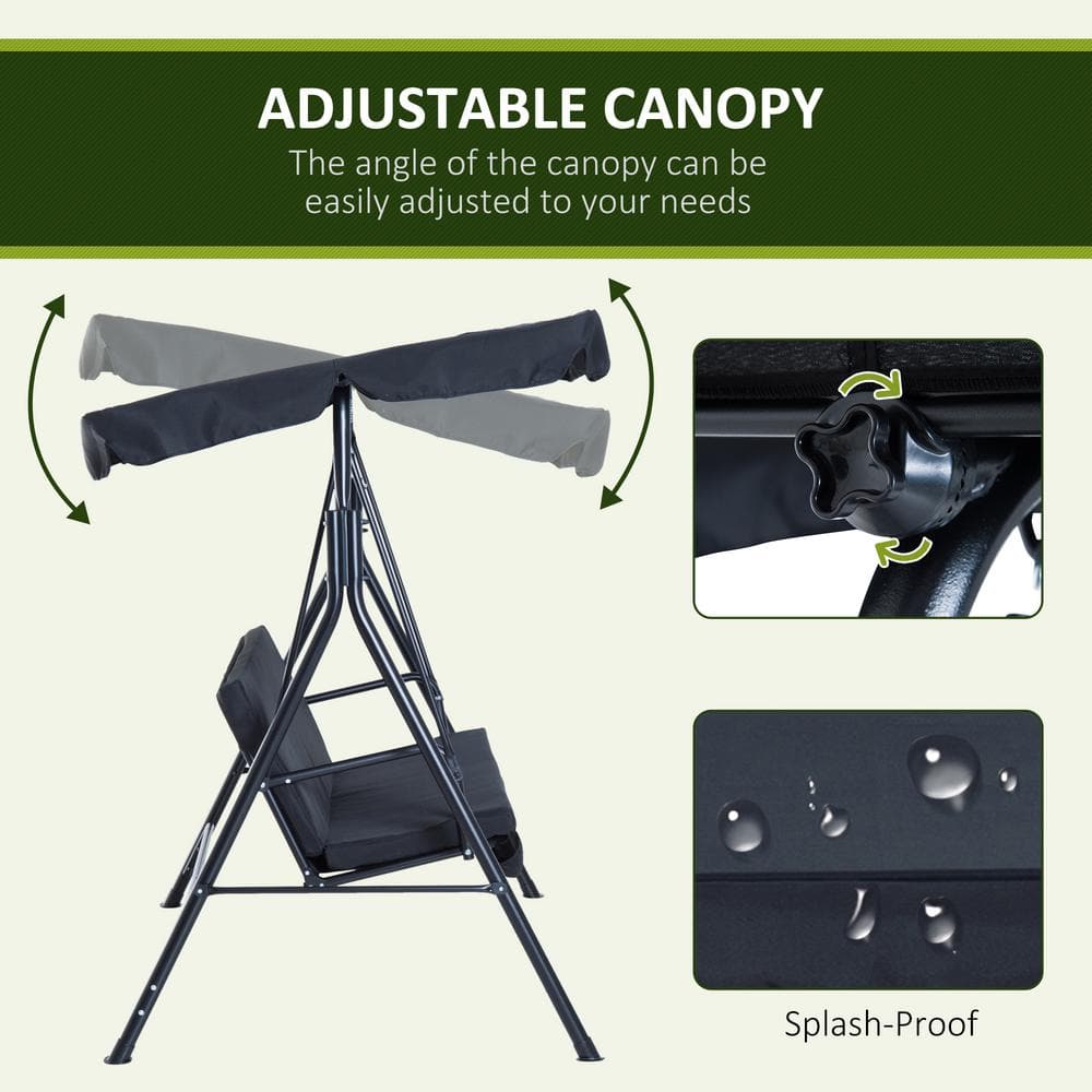 Black Steel 3-Person Patio Swing with Adjustable Canopy