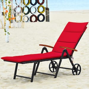 Folding Wicker Outdoor Rattan Lounge Chair with Wheel and Red Cushions