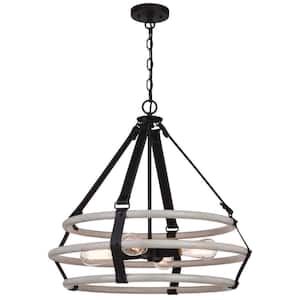 Taylor 4-Light Black and Ash Gray Drum Cage Industrial Pendant Light with Fabric Straps