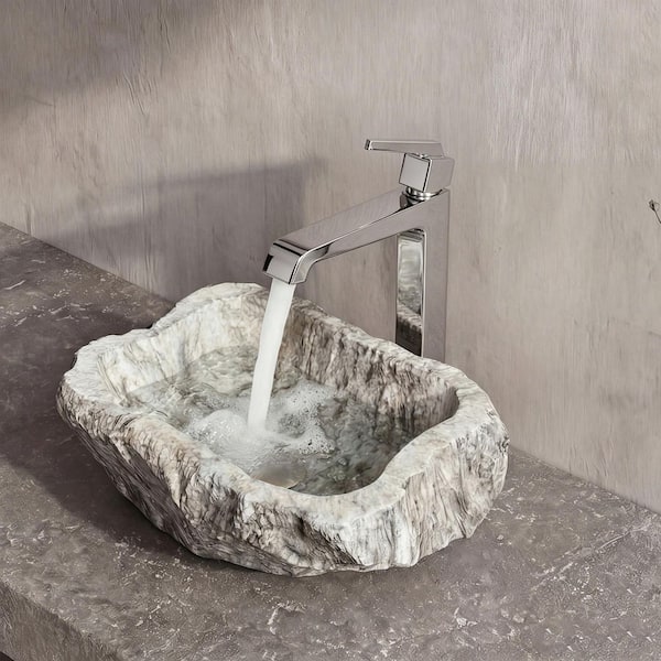 Single Handle Vessel Sink Single Hole Bathroom Sink Faucet, Pop Up Drain and Supply Lines Tall Square Brass in Chrome