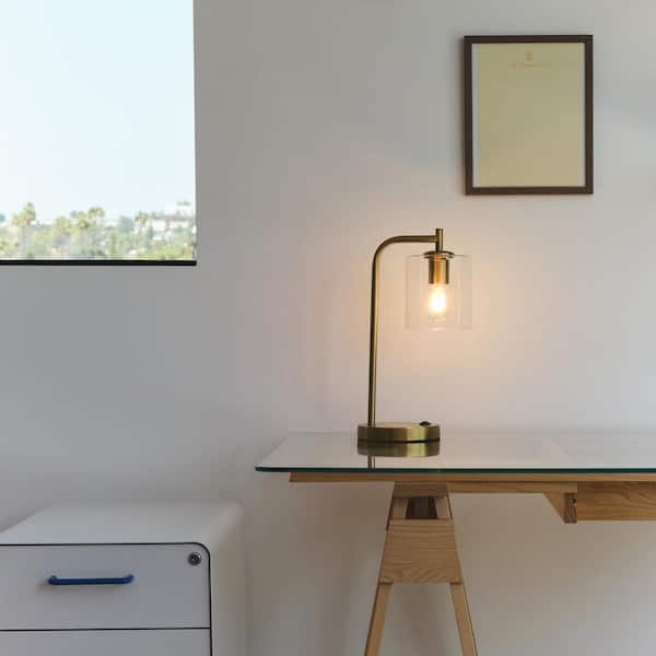 Brightech Elizabeth 16 in. Antique Brass Mid Century Modern LED Desk Table Lamp with Built In USB Port and Wireless Charging Pad TL ELZBTH BS