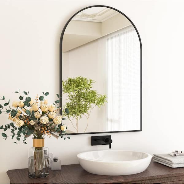 19 in. W x 33 in. H Framed Modern Black Wall Bathroom Mirror with Shelf Hooks