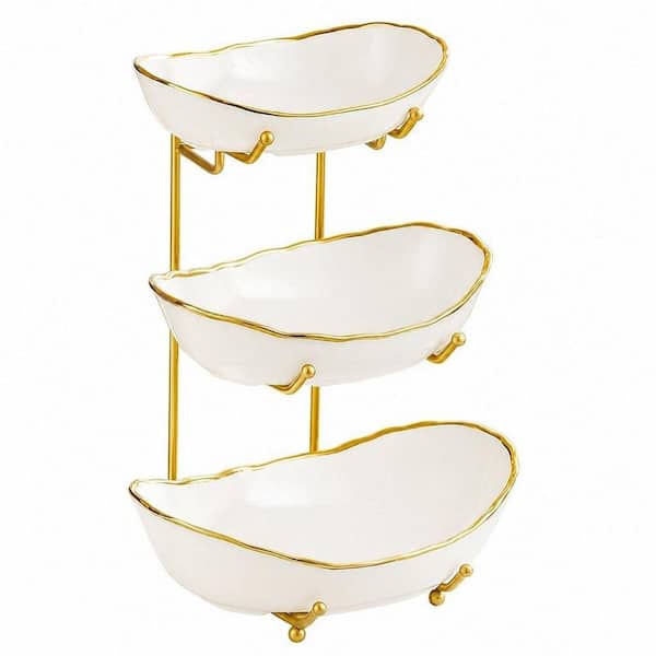 3-Tier Ceramic Fruit Bowl with Metal Stand Corner Fruit Holder for Countertop Holding Snack Nuts Cake Gold-Rimmed