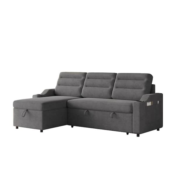 anpport Modern 83.5 in. Dark Grey Fabric Twin Size Sofa Bed with Storage and Cup Holder