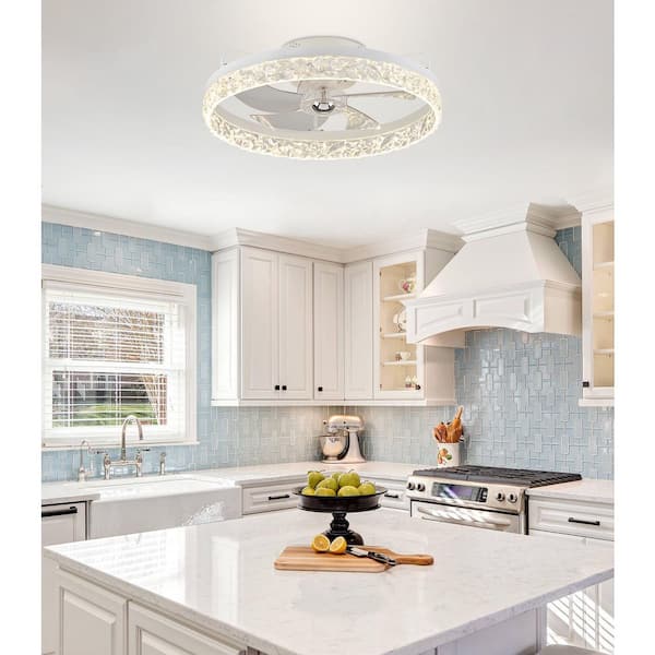 WDETR 20 in. Indoor Modern Gray Crystal Flush Mount Ceiling Fan and Remote Control for Small Room
