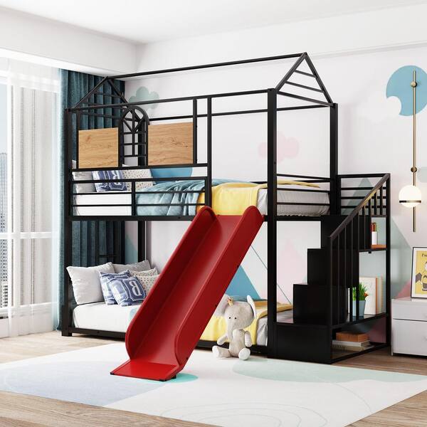 Gojane Black With Red Slide Twin Over, Bunk Bed With Basketball Hoop And Slide