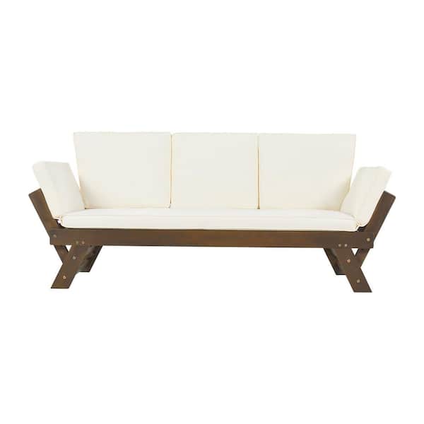Sudzendf 1-Piece Adjustable Wood Outdoor Sectional Set with Beige Cushions