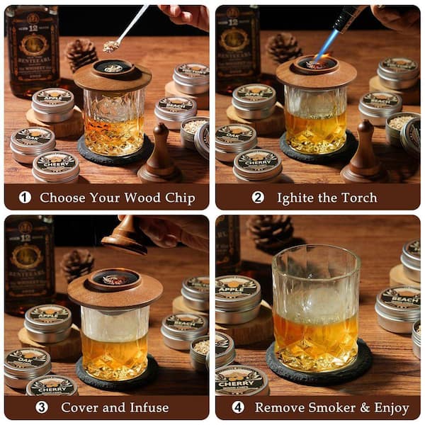 Lynzavix Whiskey Smoker Kit with Torch, 6 Flavors Wood Chips, 2