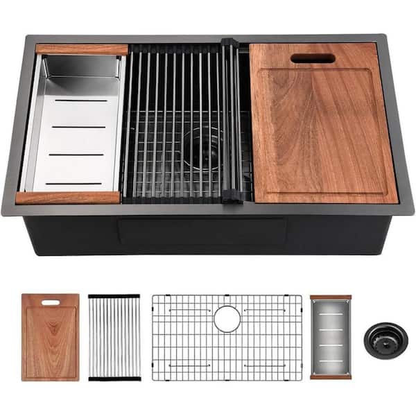 32 in. Undermount Single Bowl 16-Gauge Gunmetal Black Stainless Steel Workstation Kitchen Sink with Accessories