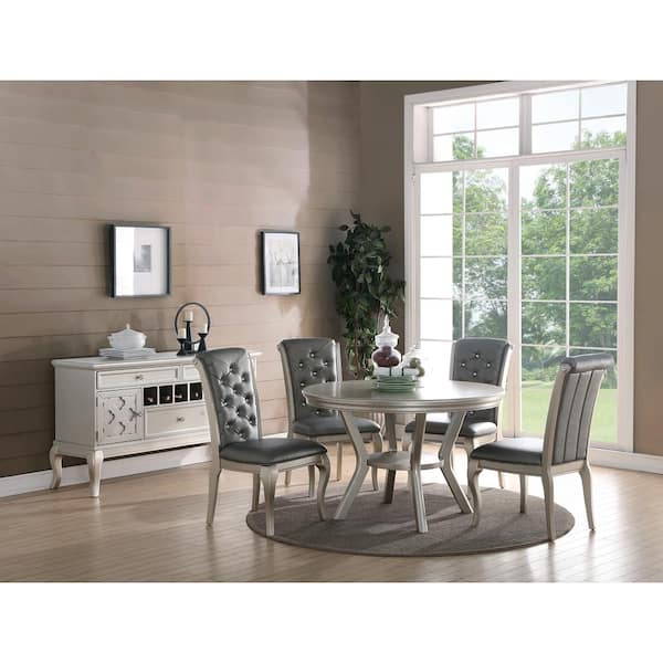 Liboria Solid Wood and Silver Faux Leather Dining Chair (Set of 2)