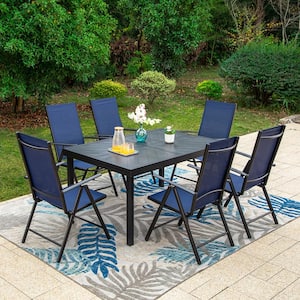 7-Piece Metal Outdoor Dining Set with Extensible Rectangular Carve Pattern Table and Blue Folding Chairs
