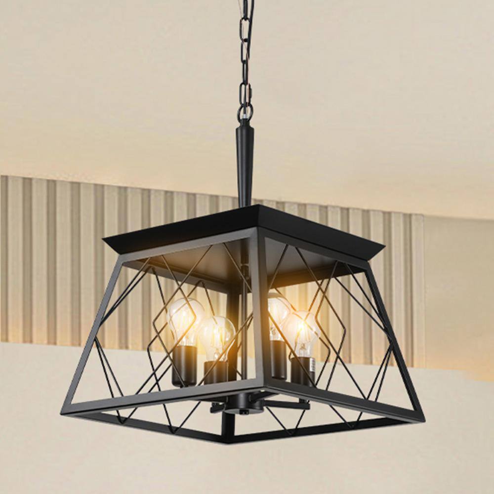 Black Metal Square Lantern Pendant Chandelier with Adjustable Chain