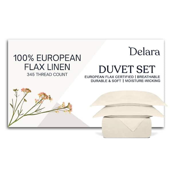 Delara 2-Piece Set Ivory Solid Color 100% European Flex Linen, Twin, Smooth & Breathable, Super Soft, Duvet Cover Sets