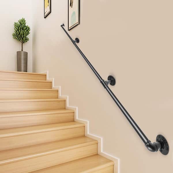 Wall Mount Pipe Stair Handrail, 8 ft. Staircase Handrail, 94.5 in. H x 3.74 in. W, Black, Carbon Steel Stair Railing Kit