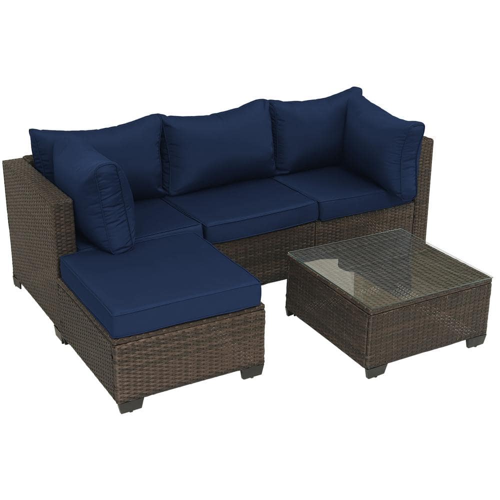 5 Pieces Wicker Patio Conversation Set, Outdoor Sectional Sofa, with Dark Blue Cushions and Coffee Table, for Backyard