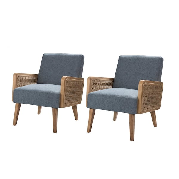 JAYDEN CREATION Delphine Modern Sky Cane Accent Chair with Rattan Armrest and Wood Legs for Living Room and Bedroom Set of 2