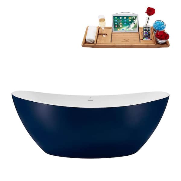 Streamline 75 in. Acrylic Flatbottom Non-Whirlpool Bathtub in Matte Dark Blue With Glossy White Drain