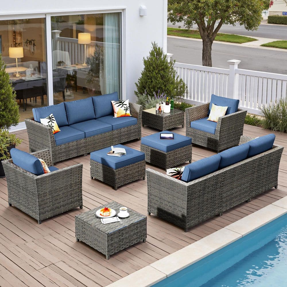 XIZZI Jasmine 12-Piece Wicker Outdoor Sectional Set with Denim
