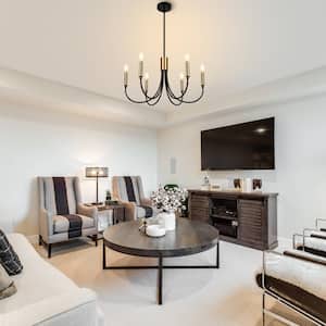 Modern 6-Light Black and Gold Candlestick Hardwired Chandelier for Living Room
