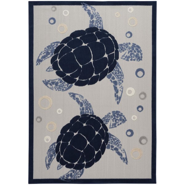 Aloha Navy Blue 6 ft. x 9 ft. Tropical Contemporary Indoor/Outdoor Patio Rug