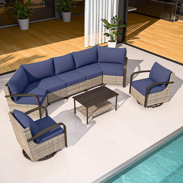 8-Piece Wicker Patio Conversation Sectional Seating Set with Swivel Rocking Chair, Blue Cushions