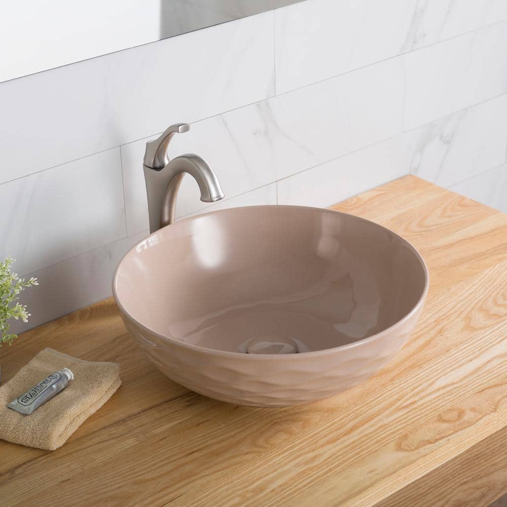 Beige Round Ceramic Vessel Sink with Ultra-Slim Edges