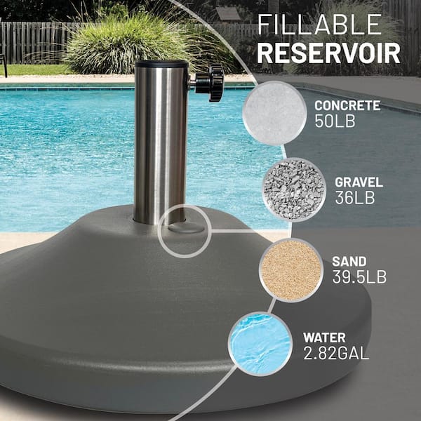 50 lb weight patio umbrella base EasyGo Round Black Finish 50 Pound Water or Sa EasyGo Products this versatile umbrella base seamlessly integrates into any outdoor setting 50-lb. Umbrella Base, Belmont -