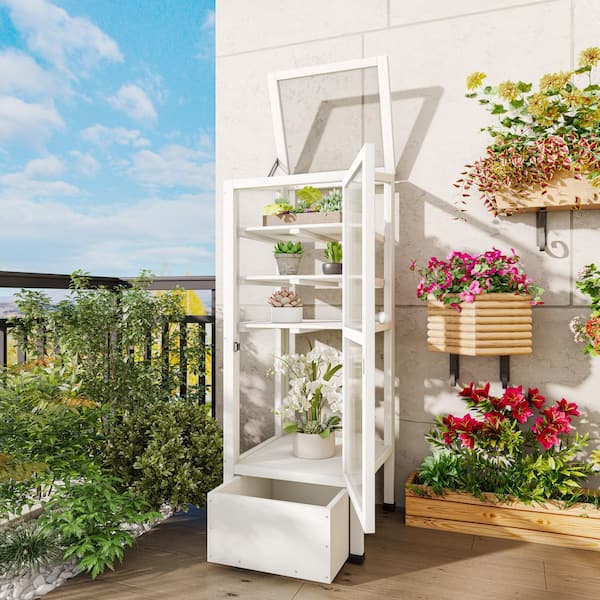 18.1 in. W x 19.7 in. D x 62.4 in. H Wood White Portable Greenhouse with Storage Box