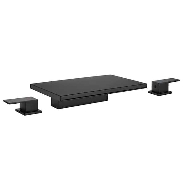 2-Handle Waterfall Deck-Mount Roman Tub Faucet with Valve Brass 3-Hole Bathtub Fillers in Matte Black