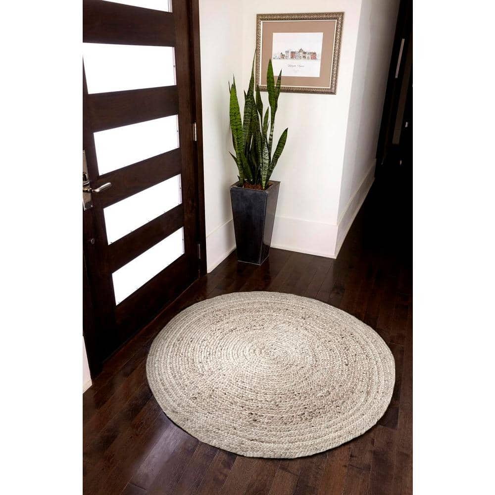 Handmade Ivory Braided Wool Round Area Rug, 4 ft