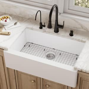 QA-740 Quartz/Granite 34 in. Single Bowl Farmhouse/Apron Front Kitchen Sink in White with Bottom Grid and Strainer