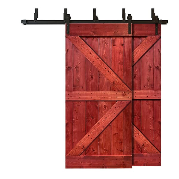 CALHOME 76 in. x 84 in. K Series Bypass Cherry Red Stained Solid Pine Wood Interior Double Sliding Barn Door with Hardware Kit
